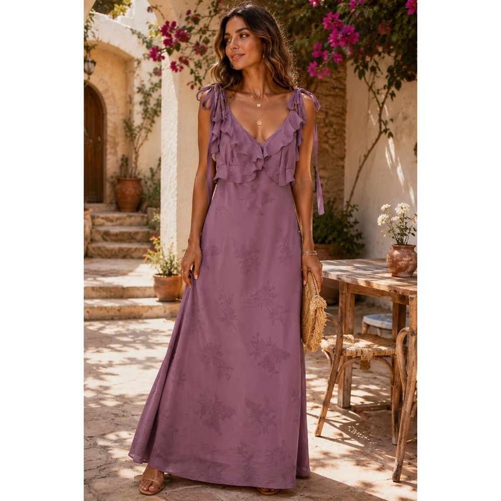 RIHOAS Purple Floral Ruffle V-Neck Maxi Dress Tie Shoulder G0454 New L